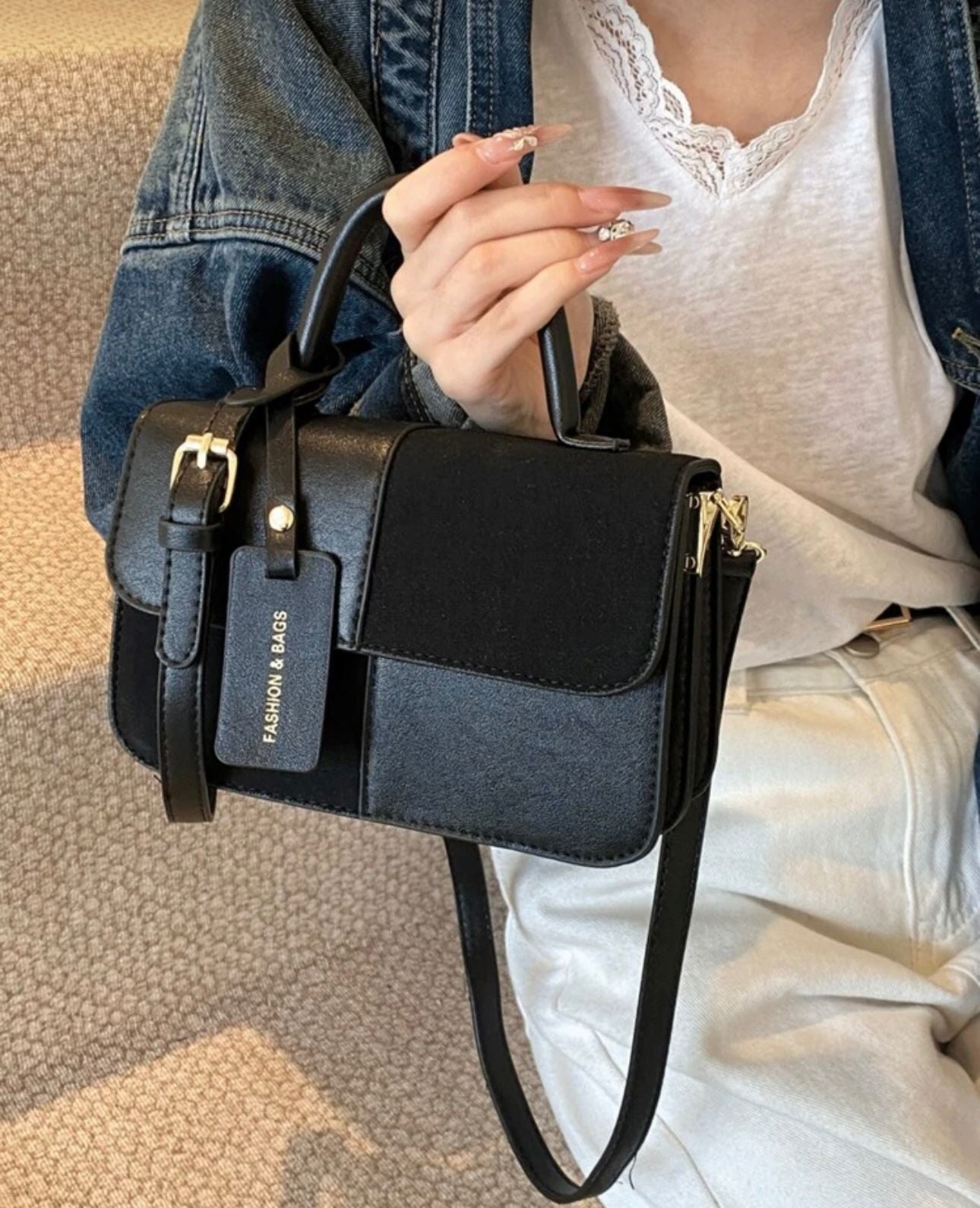 Neuer, stylischer minimalistischer karierter Patchwork Handtaschen mit Schultergurt